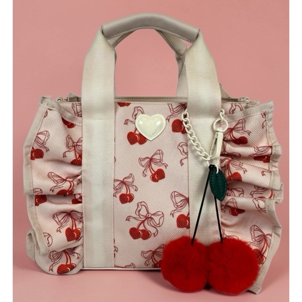Betsey Johnson Cherry Ruffle Tote Bag Women Pink Red Canvas Crossbody Handbag - Picture 2 of 12